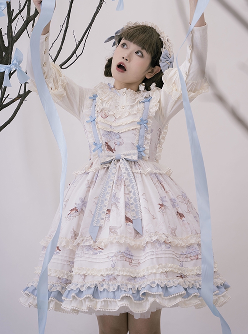 Deer Bell Maiden Series Blue White Vintage Lace Trim Bowknot Elegant Animal Print Classic Lolita Sleeveless Dress JSK