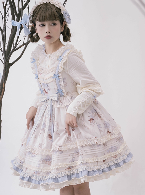 Deer Bell Maiden Series Blue White Vintage Lace Trim Bowknot Elegant Animal Print Classic Lolita Sleeveless Dress JSK