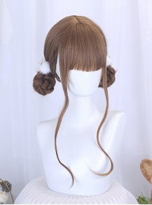 Caramel Cocoa Series Brown Daily Young Energetic Flat Bangs Twin Meatball Head Braiding Hair Sweet Lolita Full Head Wig