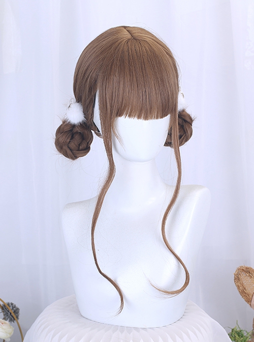 Caramel Cocoa Series Brown Daily Young Energetic Flat Bangs Twin Meatball Head Braiding Hair Sweet Lolita Full Head Wig