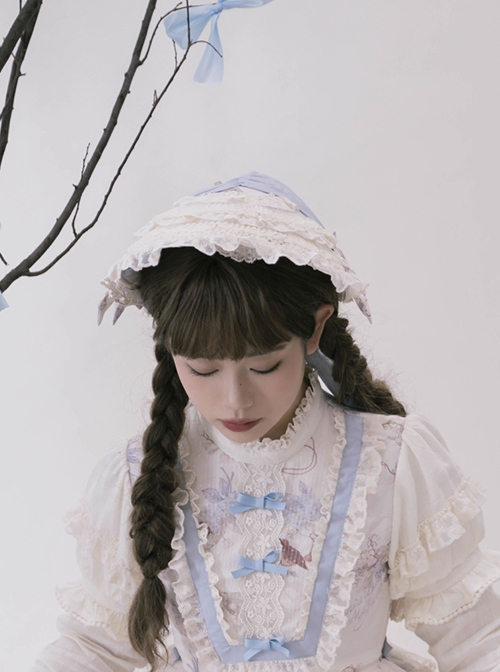 Deer Bell Girl Series Blue White Soft Cute Delicate Lace Floral Accents Classic Lolita Headband Bonnet Hairpin Set