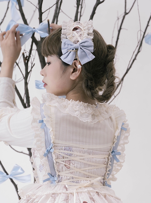 Deer Bell Girl Series Blue White Soft Cute Delicate Lace Floral Accents Classic Lolita Headband Bonnet Hairpin Set