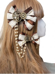 Gears Of Time Series Brown Retro Explorer Steampunk Satin Lace Metal Gear Pearl Chain Twin Bowknot Hairpin