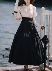 Roman Holiday Series Elegant High Waisted A Line Halter Neck Bare Shoulders Solid Black White Classic Lolita Puff Sleeves Dress