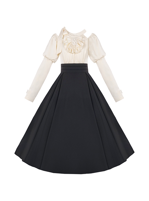 Roman Holiday Series Elegant High Waisted A Line Halter Neck Bare Shoulders Solid Black White Classic Lolita Puff Sleeves Dress