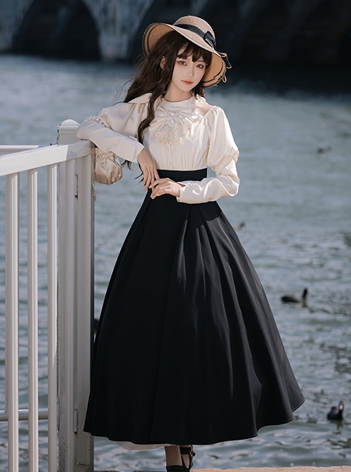 Roman Holiday Series Elegant High Waisted A Line Halter Neck Bare Shoulders Solid Black White Classic Lolita Puff Sleeves Dress