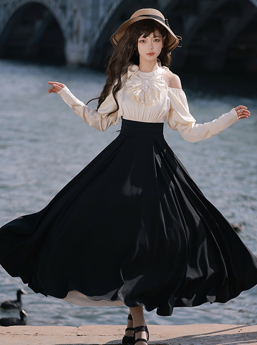 Roman Holiday Series Elegant High Waisted A Line Halter Neck Bare Shoulders Solid Black White Classic Lolita Puff Sleeves Dress