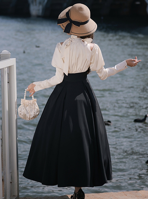 Roman Holiday Series Elegant High Waisted A Line Halter Neck Bare Shoulders Solid Black White Classic Lolita Puff Sleeves Dress