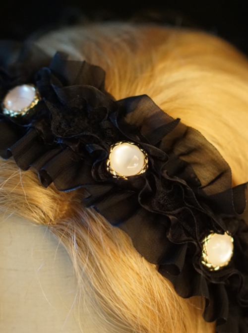 Romantic Black Retro Elegant Delicate Noble Lace Ruffles Sparkling White Gemstone Romance Classic Lolita Headband