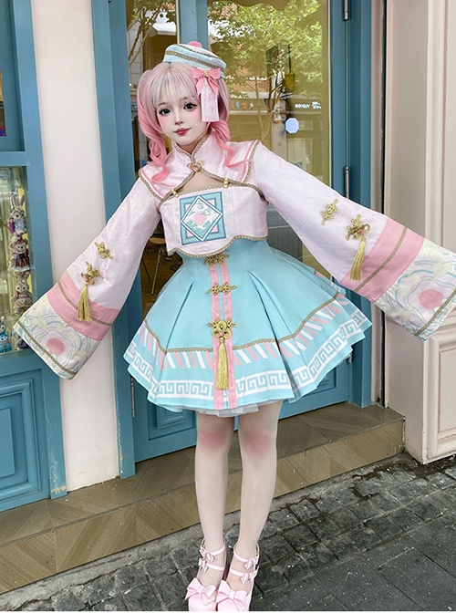 Little Zombie Series Pink Chinese Knot Traditional Elements High Waist Cute Playful Sweet Lolita Long Sleeves Dress Set