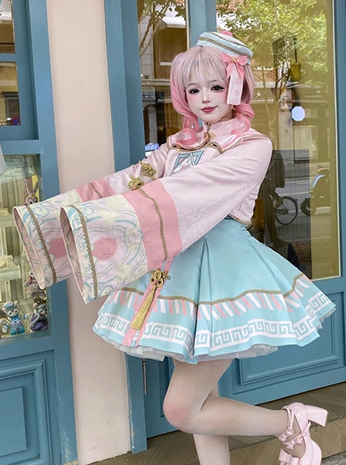 Little Zombie Series Pink Chinese Knot Traditional Elements High Waist Cute Playful Sweet Lolita Long Sleeves Dress Set