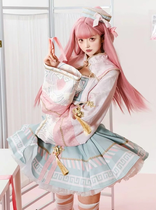 Little Zombie Series Pink Chinese Knot Traditional Elements High Waist Cute Playful Sweet Lolita Long Sleeves Dress Set