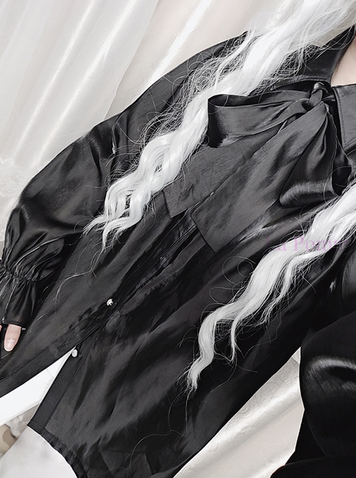 Exquisite Retro Noble Ouji Fashion Loose Crystal Silk Reflective Satin Lapel Saliva Towel Lantern Sleeves Shirt