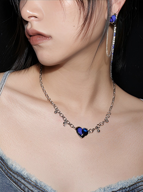 Fashion Darling Light Luxurious Design Klein Blue Zircon Jewelry Loving Heart Punk Style Clavicle Chain Necklace