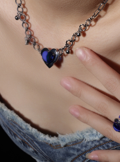 Fashion Darling Light Luxurious Design Klein Blue Zircon Jewelry Loving Heart Punk Style Clavicle Chain Necklace