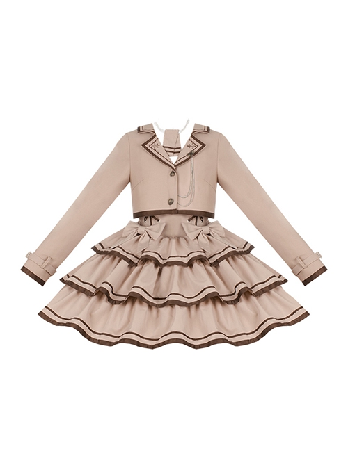 Souvenir Album Series Fashion Spring Khaki Preppy Style School Lolita Coat Breast Supporting Three-Section Cake Skirt Set