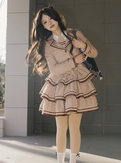 Souvenir Album Series Fashion Spring Khaki Preppy Style School Lolita Coat Breast Supporting Three-Section Cake Skirt Set