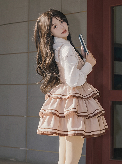 Souvenir Album Series Fashion Spring Khaki Preppy Style School Lolita Coat Breast Supporting Three-Section Cake Skirt Set