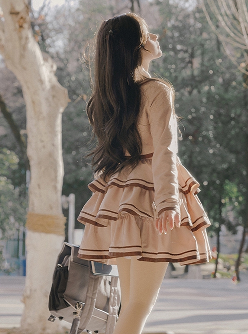 Souvenir Album Series Fashion Spring Khaki Preppy Style School Lolita Coat Breast Supporting Three-Section Cake Skirt Set