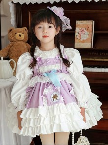 Spring Light Purple Bowknot Ruffles Cartoon Girl Kid Sweet Lolita Round Neck Puff Sleeves Princess Dress