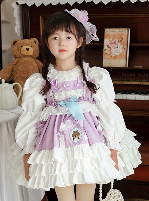 Spring Light Purple Bowknot Ruffles Cartoon Girl Kid Sweet Lolita Round Neck Puff Sleeves Princess Dress