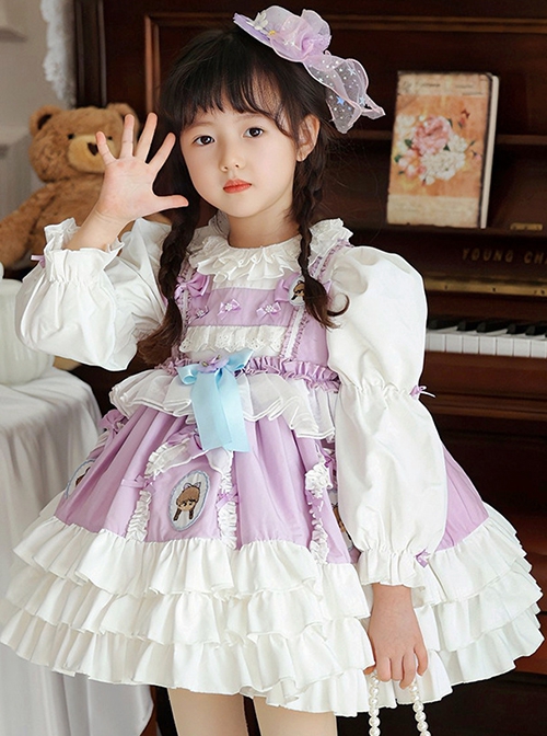 Spring Light Purple Bowknot Ruffles Cartoon Girl Kid Sweet Lolita Round Neck Puff Sleeves Princess Dress