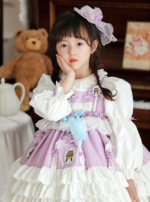 Spring Light Purple Bowknot Ruffles Cartoon Girl Kid Sweet Lolita Round Neck Puff Sleeves Princess Dress