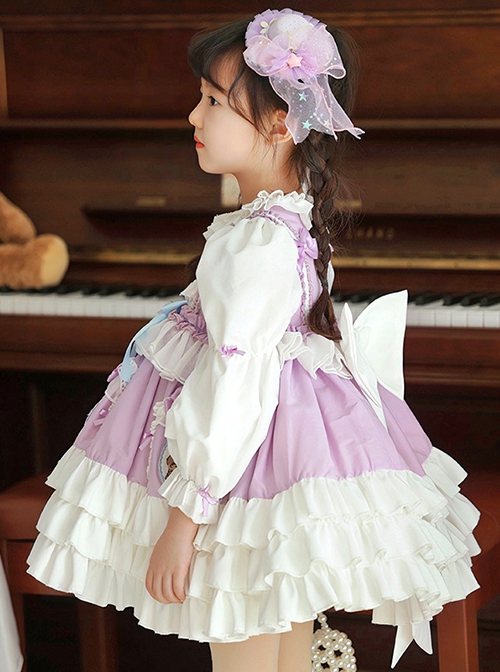 Spring Light Purple Bowknot Ruffles Cartoon Girl Kid Sweet Lolita Round Neck Puff Sleeves Princess Dress