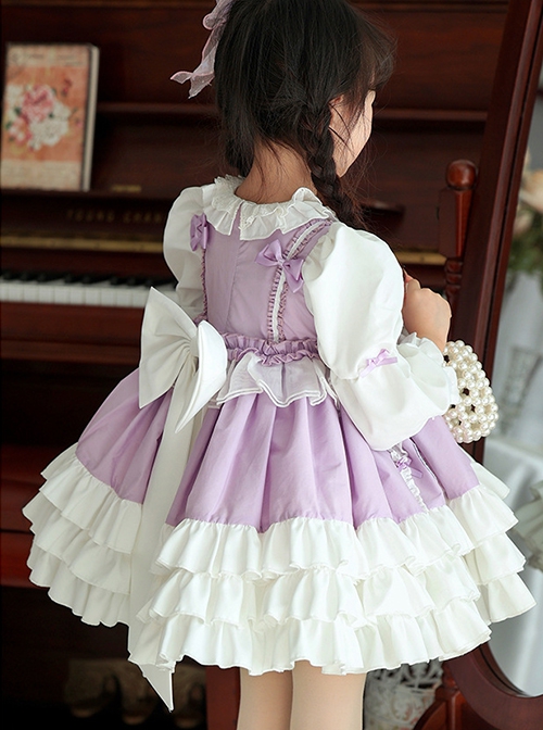 Spring Light Purple Bowknot Ruffles Cartoon Girl Kid Sweet Lolita Round Neck Puff Sleeves Princess Dress