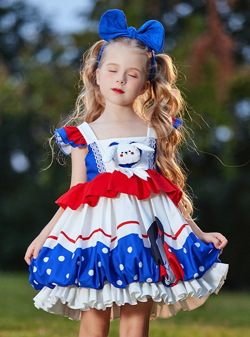 High Saturation Red Blue White Contrast Color Ruffles Polka Dots 3D White Rabbit Kid Sweet Lolita Sleeveless Lantern Dress