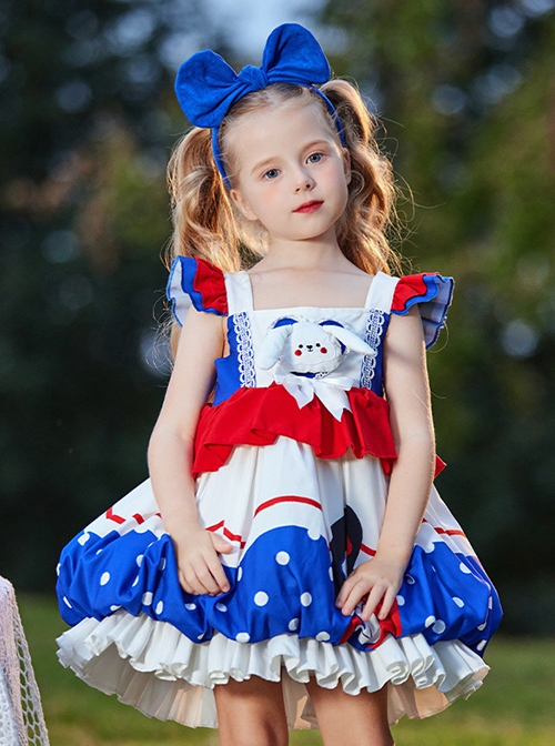 High Saturation Red Blue White Contrast Color Ruffles Polka Dots 3D White Rabbit Kid Sweet Lolita Sleeveless Lantern Dress