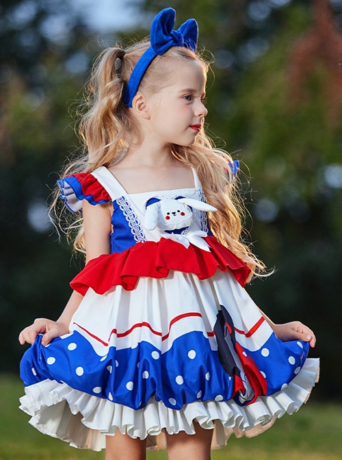 High Saturation Red Blue White Contrast Color Ruffles Polka Dots 3D White Rabbit Kid Sweet Lolita Sleeveless Lantern Dress