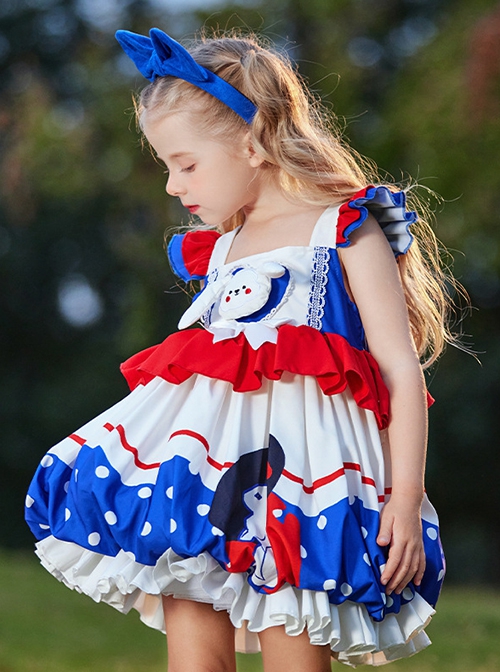 High Saturation Red Blue White Contrast Color Ruffles Polka Dots 3D White Rabbit Kid Sweet Lolita Sleeveless Lantern Dress