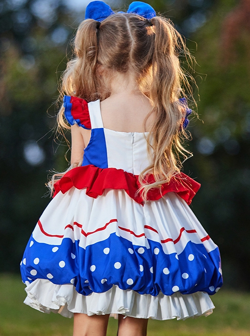 High Saturation Red Blue White Contrast Color Ruffles Polka Dots 3D White Rabbit Kid Sweet Lolita Sleeveless Lantern Dress