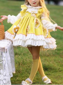 Daisy Yellow Asymmetrical 3D Flower Decoration Round Neck Vitality Sweet Lolita Kid Cute Fluffy Princess Dress