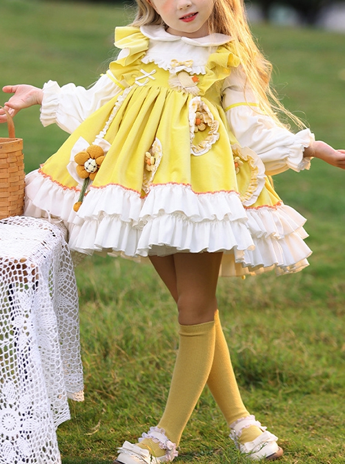 Daisy Yellow Asymmetrical 3D Flower Decoration Round Neck Vitality Sweet Lolita Kid Cute Fluffy Princess Dress