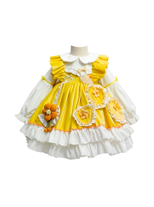 Daisy Yellow Asymmetrical 3D Flower Decoration Round Neck Vitality Sweet Lolita Kid Cute Fluffy Princess Dress