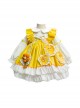 Daisy Yellow Asymmetrical 3D Flower Decoration Round Neck Vitality Sweet Lolita Kid Cute Fluffy Princess Dress