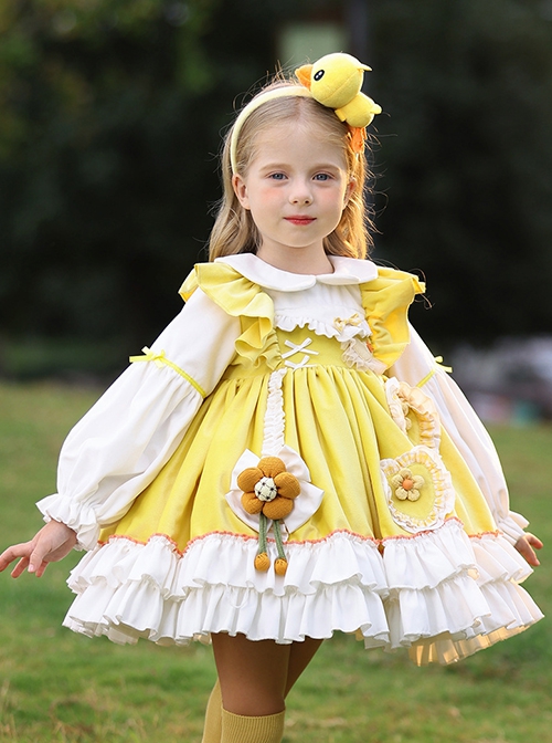 Daisy Yellow Asymmetrical 3D Flower Decoration Round Neck Vitality Sweet Lolita Kid Cute Fluffy Princess Dress