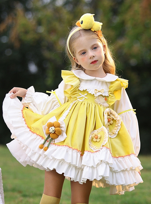 Daisy Yellow Asymmetrical 3D Flower Decoration Round Neck Vitality Sweet Lolita Kid Cute Fluffy Princess Dress