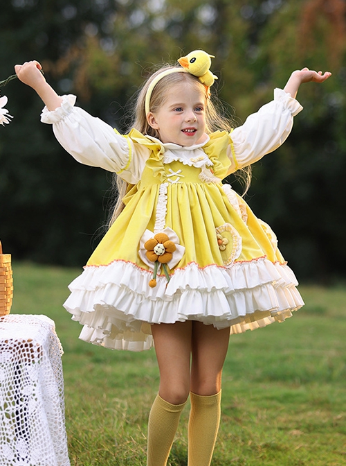 Daisy Yellow Asymmetrical 3D Flower Decoration Round Neck Vitality Sweet Lolita Kid Cute Fluffy Princess Dress