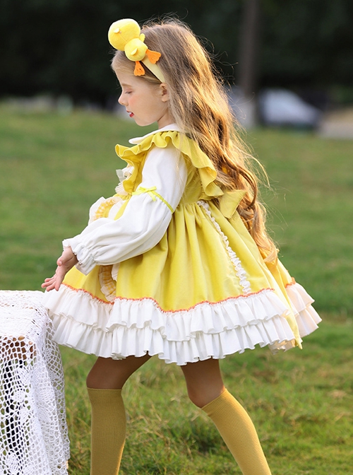 Daisy Yellow Asymmetrical 3D Flower Decoration Round Neck Vitality Sweet Lolita Kid Cute Fluffy Princess Dress