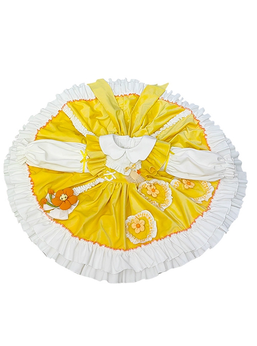 Daisy Yellow Asymmetrical 3D Flower Decoration Round Neck Vitality Sweet Lolita Kid Cute Fluffy Princess Dress