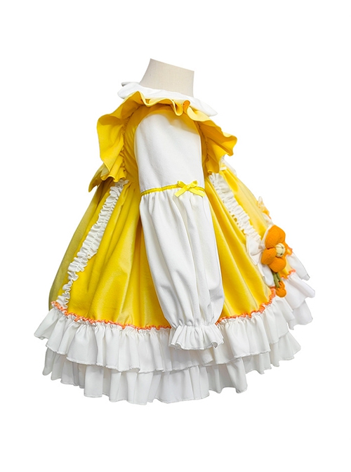 Daisy Yellow Asymmetrical 3D Flower Decoration Round Neck Vitality Sweet Lolita Kid Cute Fluffy Princess Dress