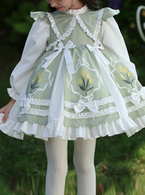 Round Neck Lapel Cute Fresh Green Floral Print Tulip White Ruffles Bowknot Sweet Lolita Kid Long Sleeves Girl Dress