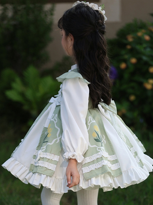 Round Neck Lapel Cute Fresh Green Floral Print Tulip White Ruffles Bowknot Sweet Lolita Kid Long Sleeves Girl Dress