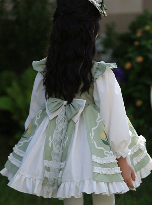 Round Neck Lapel Cute Fresh Green Floral Print Tulip White Ruffles Bowknot Sweet Lolita Kid Long Sleeves Girl Dress