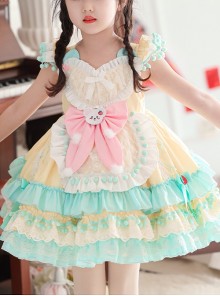 Summer Light Yellow Splice Mint Green Heart Shape Ruffles Bear Bowknot Belt Sweet Lolita Kid Sleeveless Girl Dress