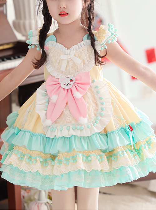 Summer Light Yellow Splice Mint Green Heart Shape Ruffles Bear Bowknot Belt Sweet Lolita Kid Sleeveless Girl Dress