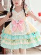 Summer Light Yellow Splice Mint Green Heart Shape Ruffles Bear Bowknot Belt Sweet Lolita Kid Sleeveless Girl Dress